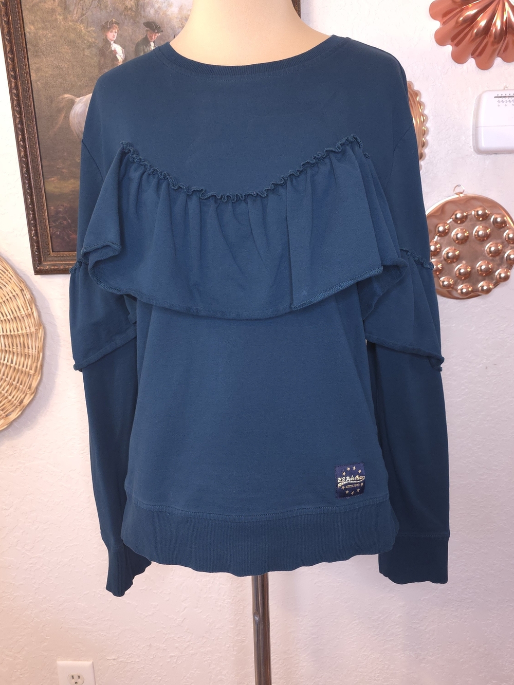 US Polo Assn Small Teal Blue Ruffle Sweatshirt Pullover Boho Tiered Preppy